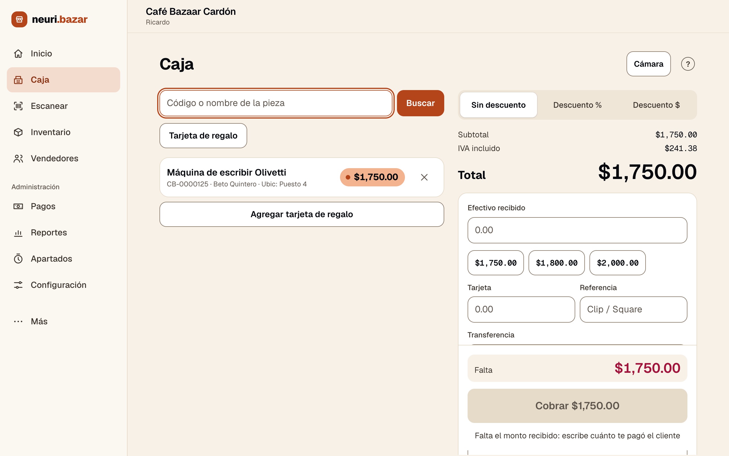 Caja con una pieza, impuesto y total en pesos