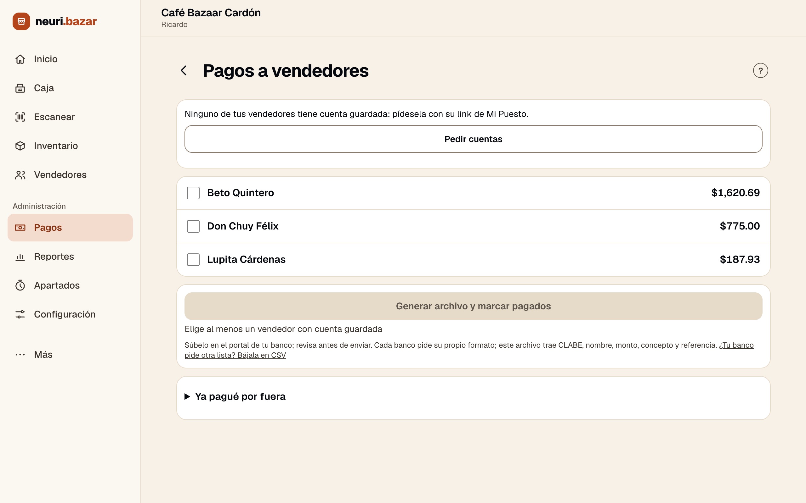 Pagos a vendedores con montos por vendedor