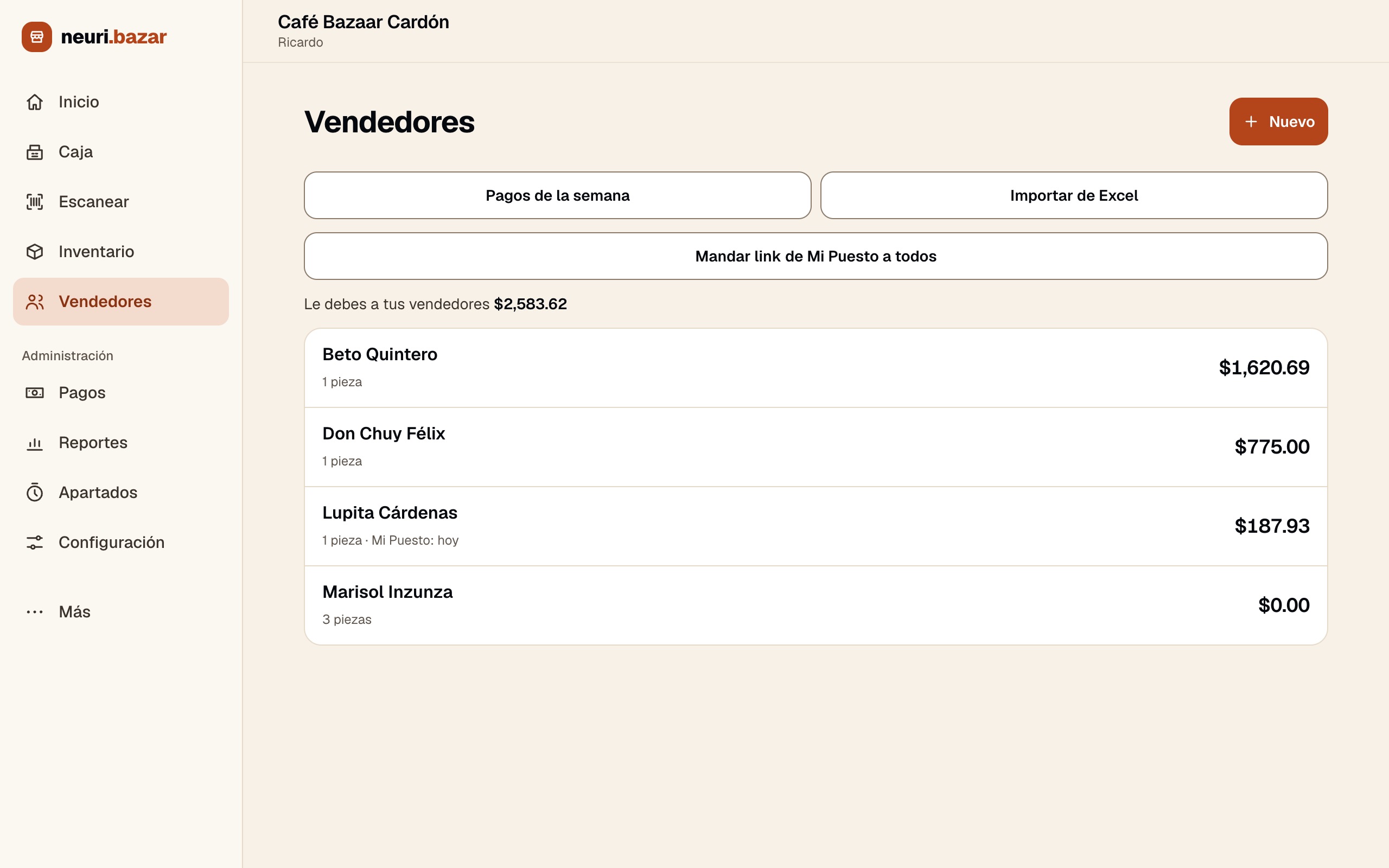 Lista de vendedores