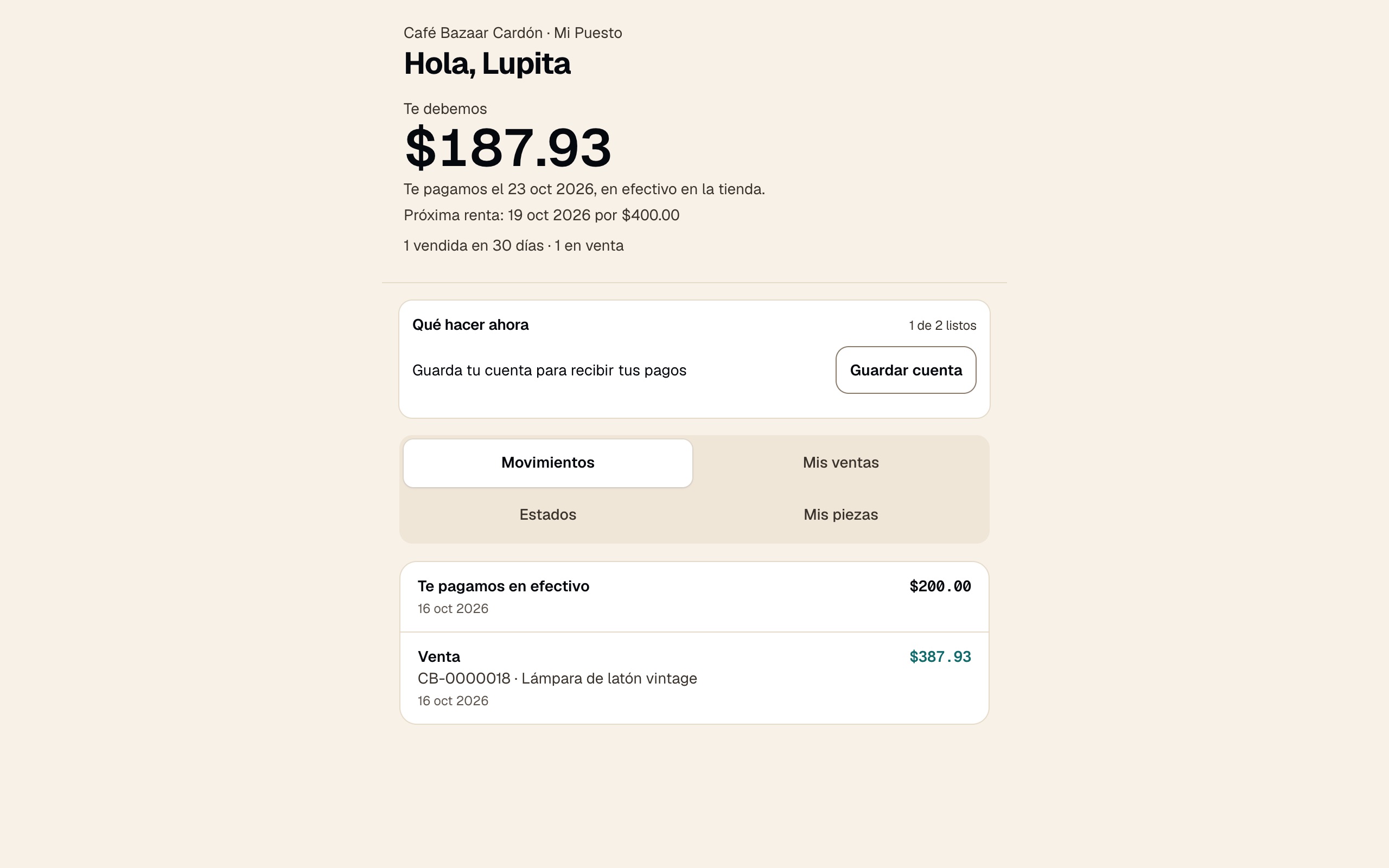 Página Mi Puesto de un vendedor con saldo, fecha de pago y próxima renta