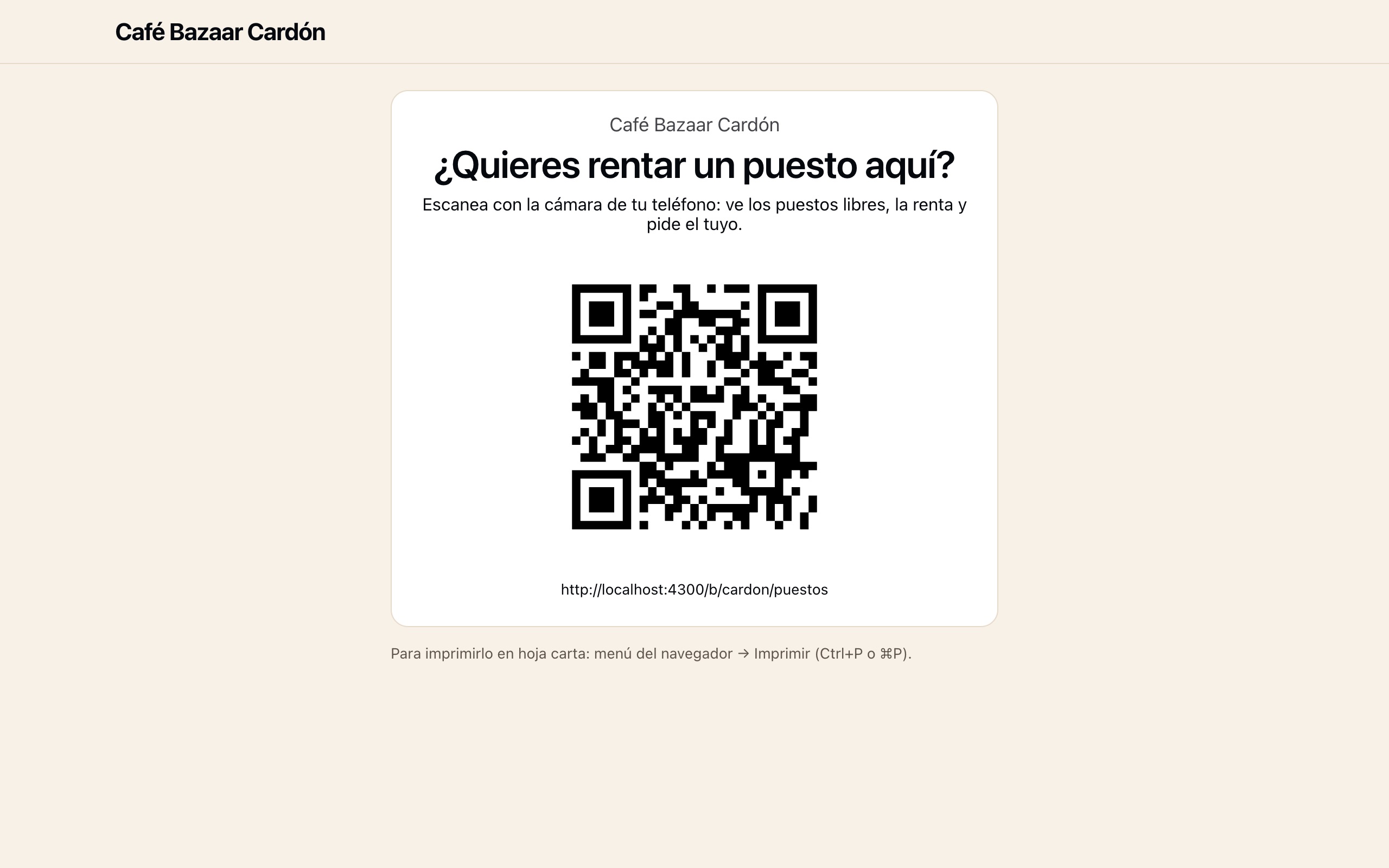 Cartel imprimible con código QR para rentar un puesto