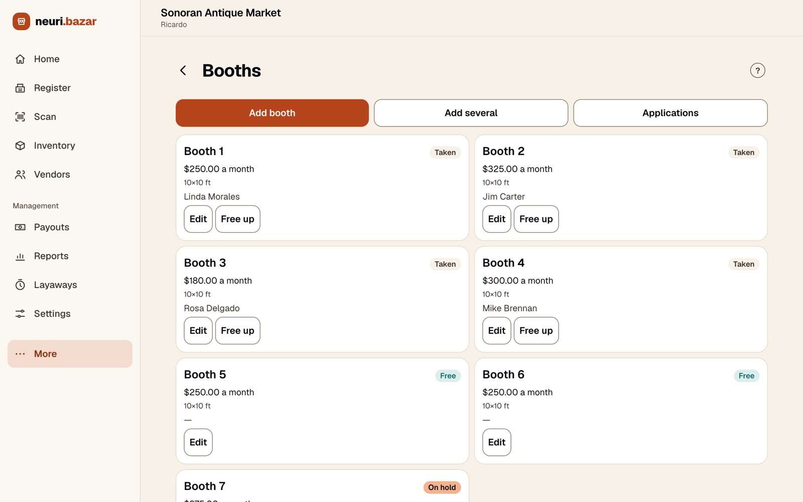 Booths screen: booth cards with monthly rent, size, vendor and status