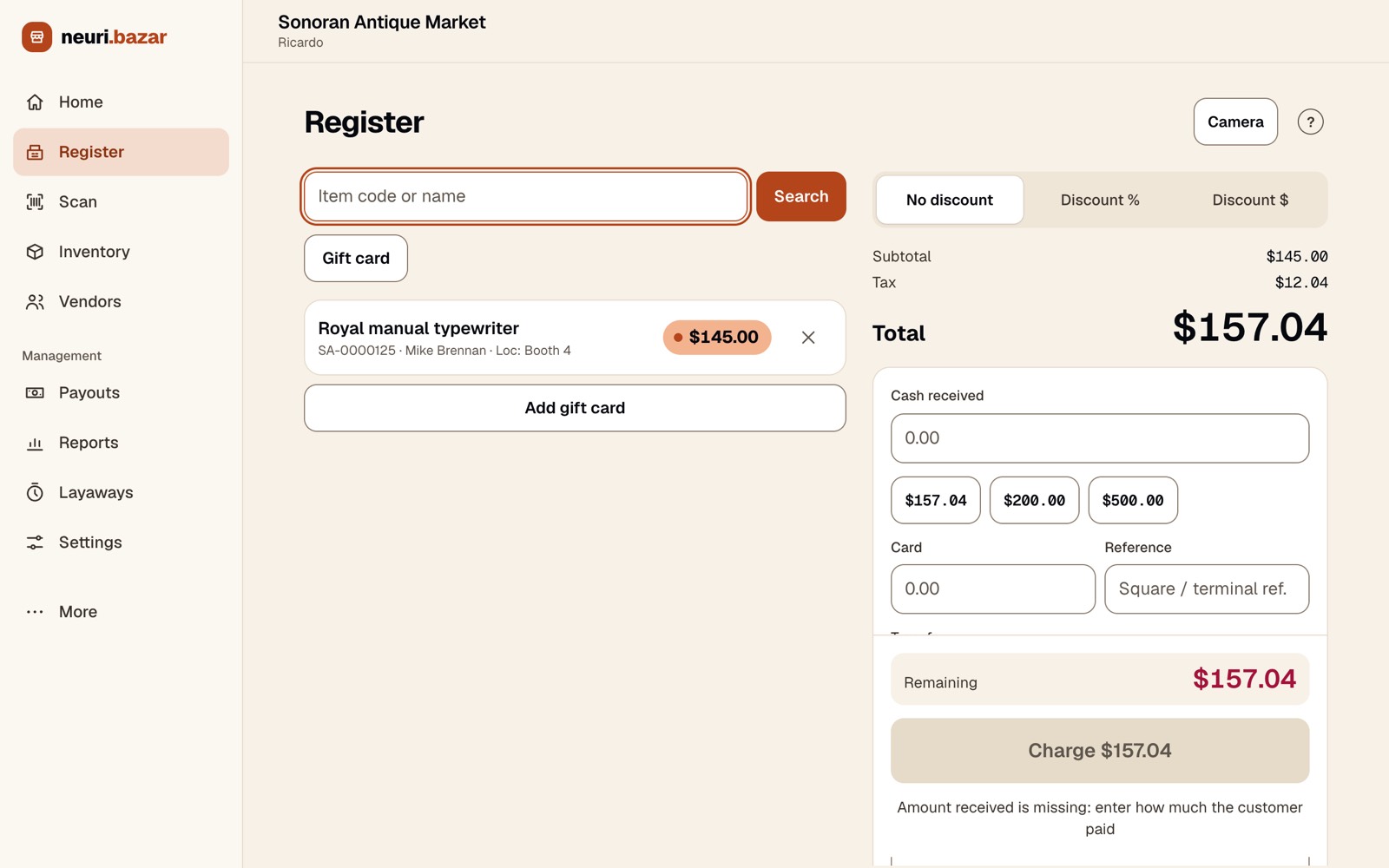 Register with one item, tax and total
