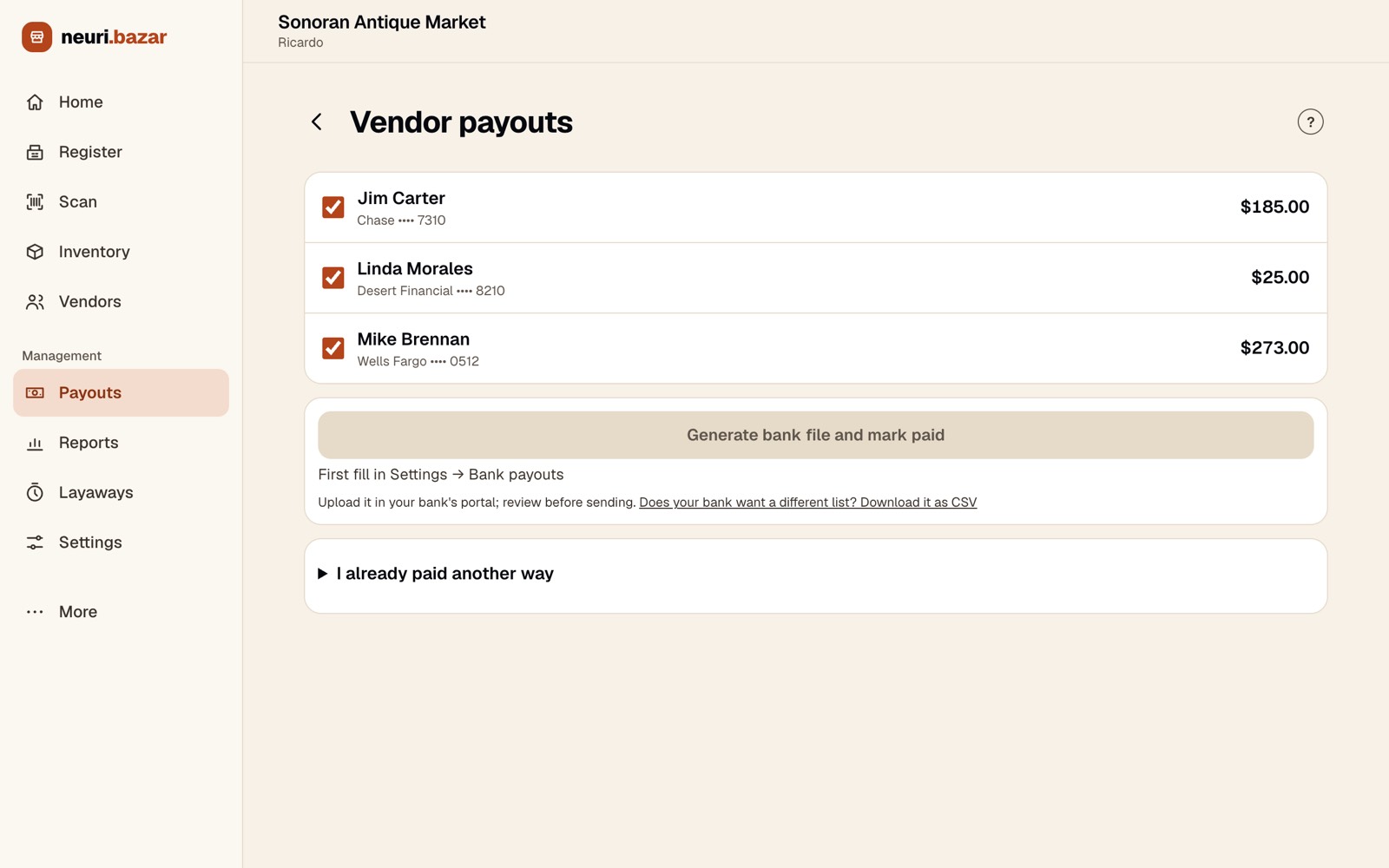Vendor payouts with amounts per vendor