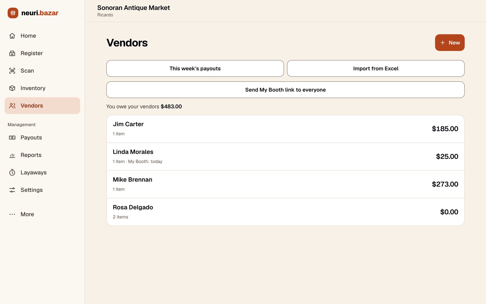 Vendors list