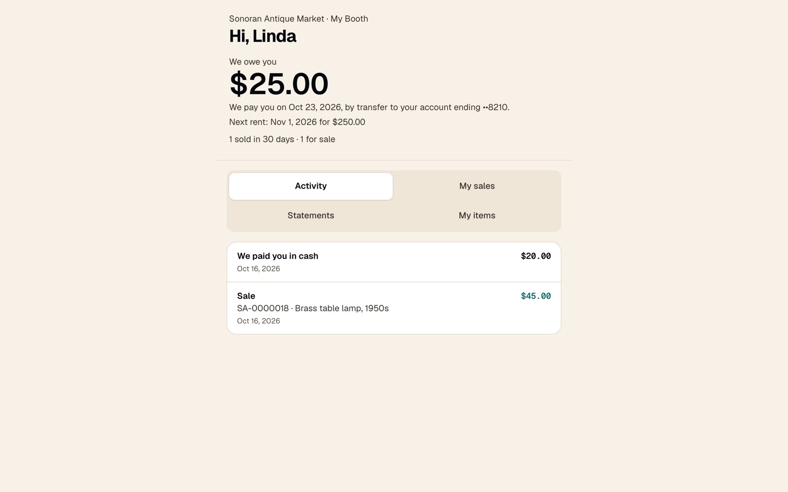 My Booth page for a vendor showing balance, payout date and next rent
