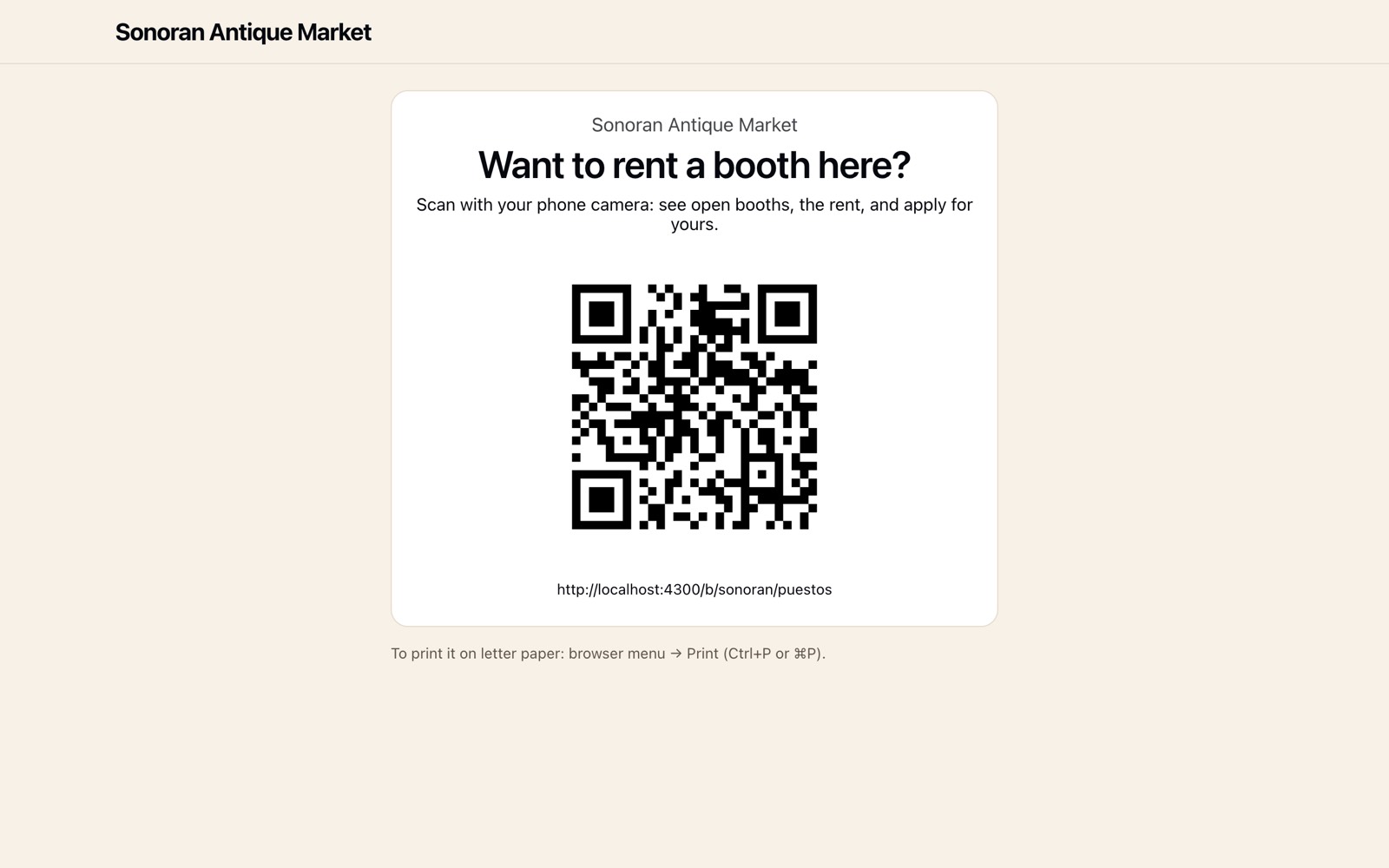 Printable poster with QR code to rent a booth